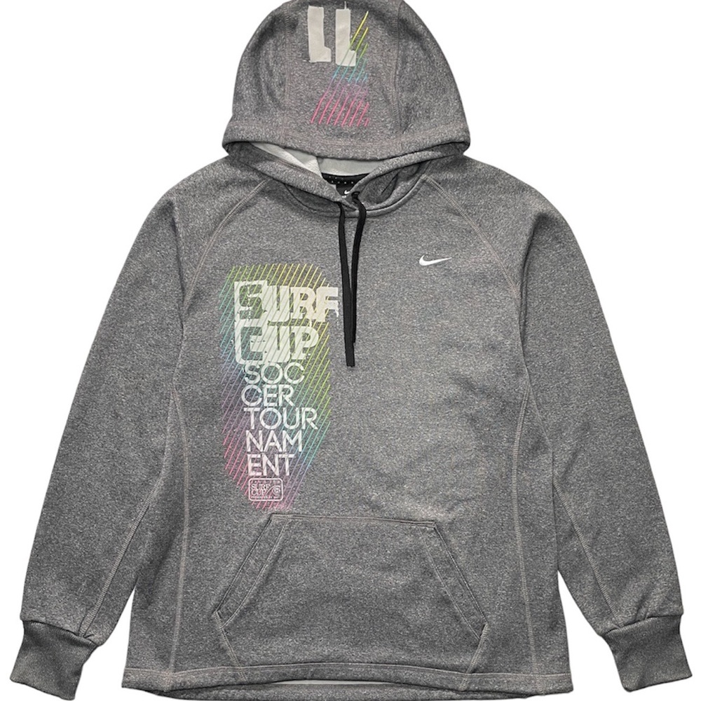 NIKE Womens Medium Hoodie Sweatshirt Surf Cup Soccer Gray Long Sleeve Therma Fit